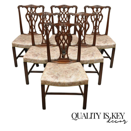 Antique Chippendale Georgian Style Carved Mahogany Dining Side Chairs - Set of 6