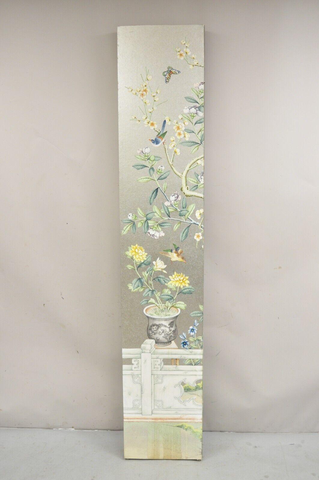 Vintage Chinoiserie Silver Leaf Birds Butterflies 4 Panel Screen Room Divider A