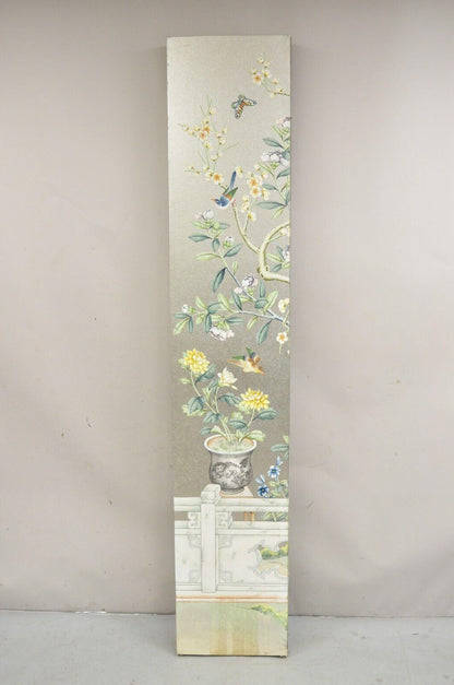 Vintage Chinoiserie Silver Leaf Birds Butterflies 4 Panel Screen Room Divider A