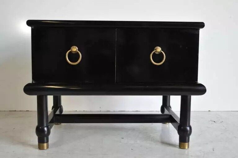 Mid Century Modern Dorothy Draper Style Black Side Table Cabinet with Onyx Top