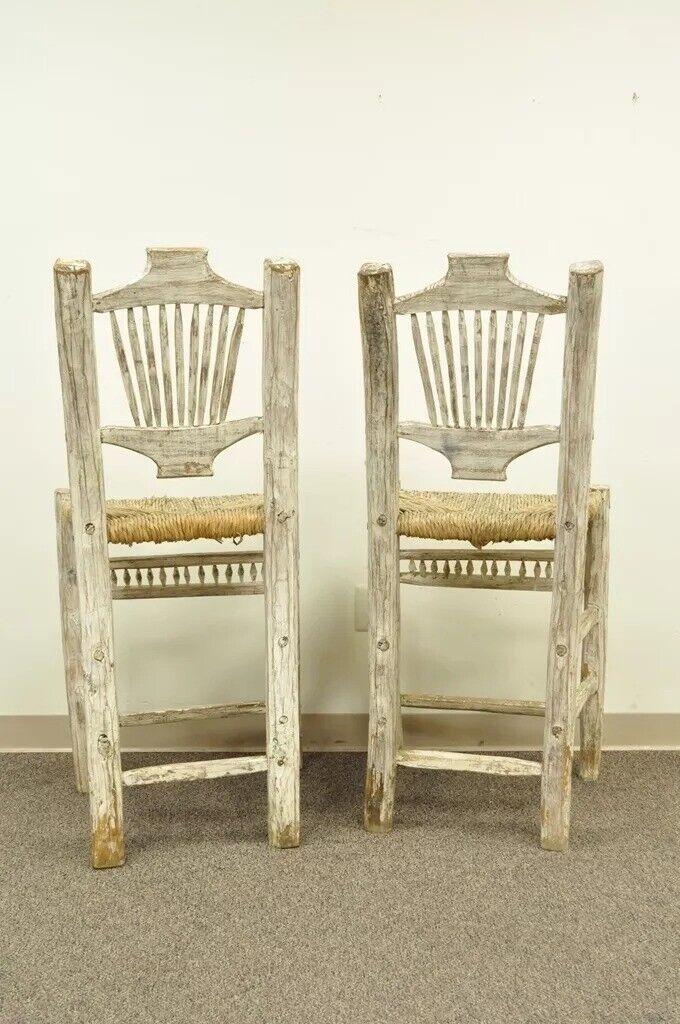 Hickory Style Rustic Log Cabin Wood Woven Rush Seat Bar Stools Chairs - a Pair