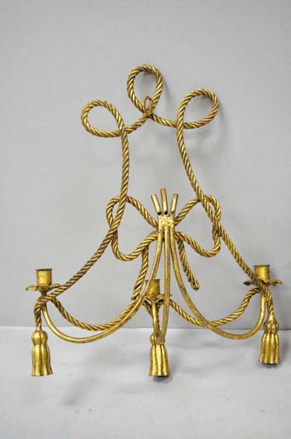 Italian Hollywood Regency Gold Gilt Rope Tassel Candle Holder Wall Sconce - Pair