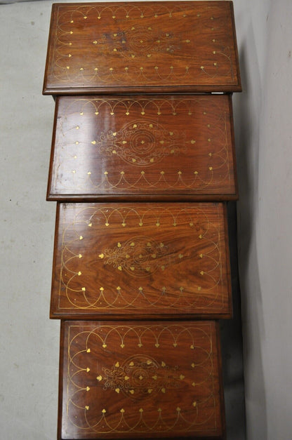 Antique Brass Inlay Marquetry Nesting Side End Tables - Set of 4