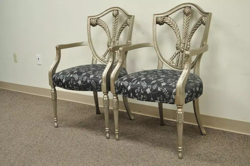 Sheraton Style Shield Back Plume Prince of Wales Silver Dining Arm Chairs - Pair