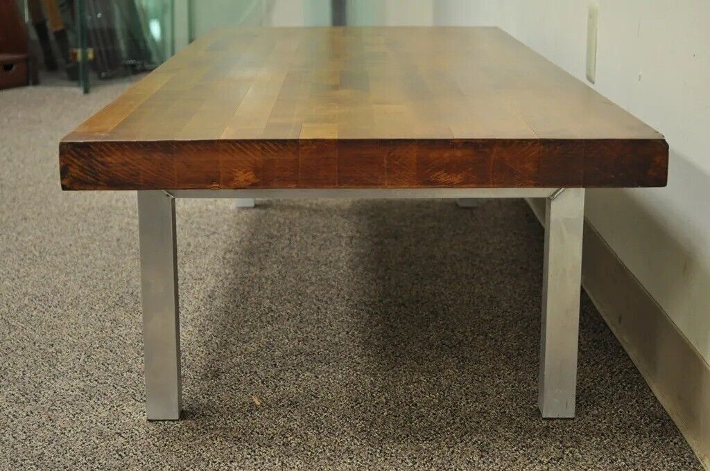 Vintage Industrial Modern Reclaimed Butcher Block Aluminum Base Coffee Table