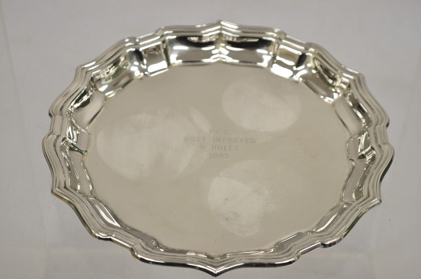 Vintage Scalloped Edge Silver Plated Golf Award Plate "Most Improved... 1985"