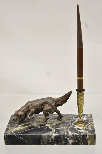 Vintage French Empire Bronze Hunting Dog Marble Base Desk Pen Holder