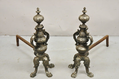 Antique French Empire Cast Iron & Silvered Bronze Paw Foot Andirons - a Pair