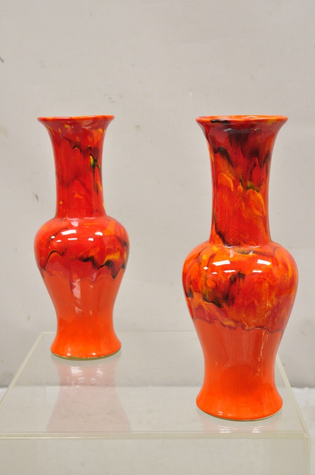 Pair Vintage Red Lava Drip Glazed Mid Century Modern Ceramic Pottery Vessel Vase