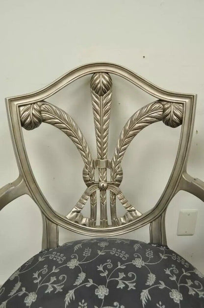 Sheraton Style Shield Back Plume Prince of Wales Silver Dining Arm Chairs - Pair