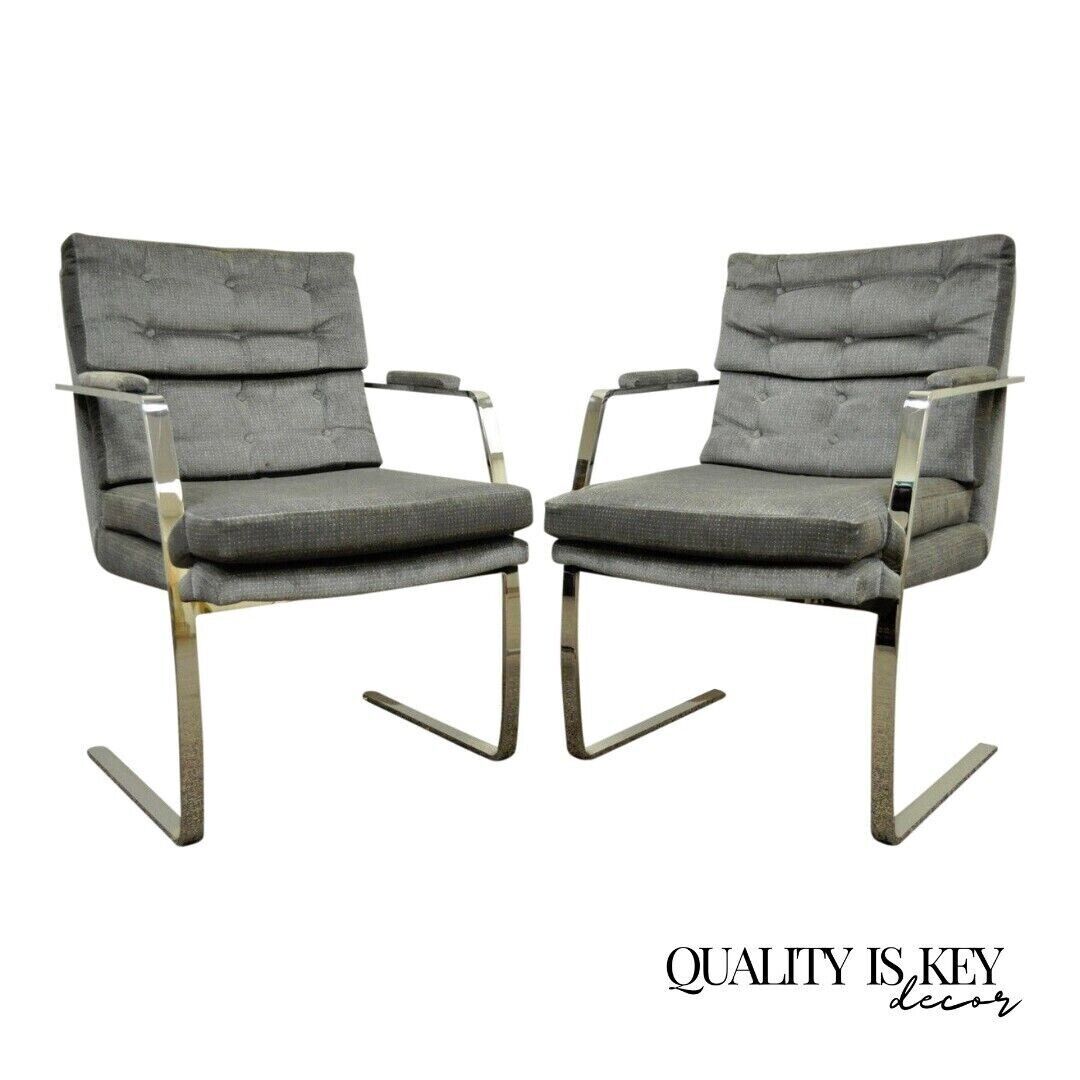 Mid Century Modern Milo Baughman Style Chrome Steel Cantilever Arm Chairs - Pair