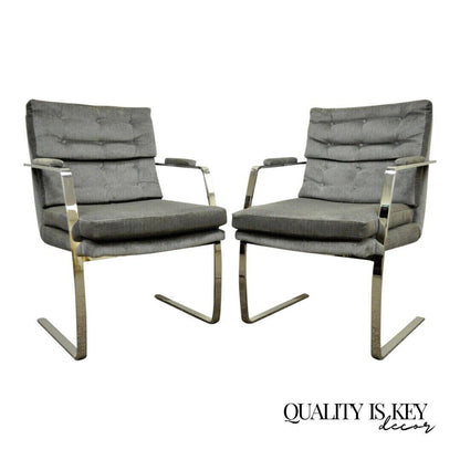 Mid Century Modern Milo Baughman Style Chrome Steel Cantilever Arm Chairs - Pair