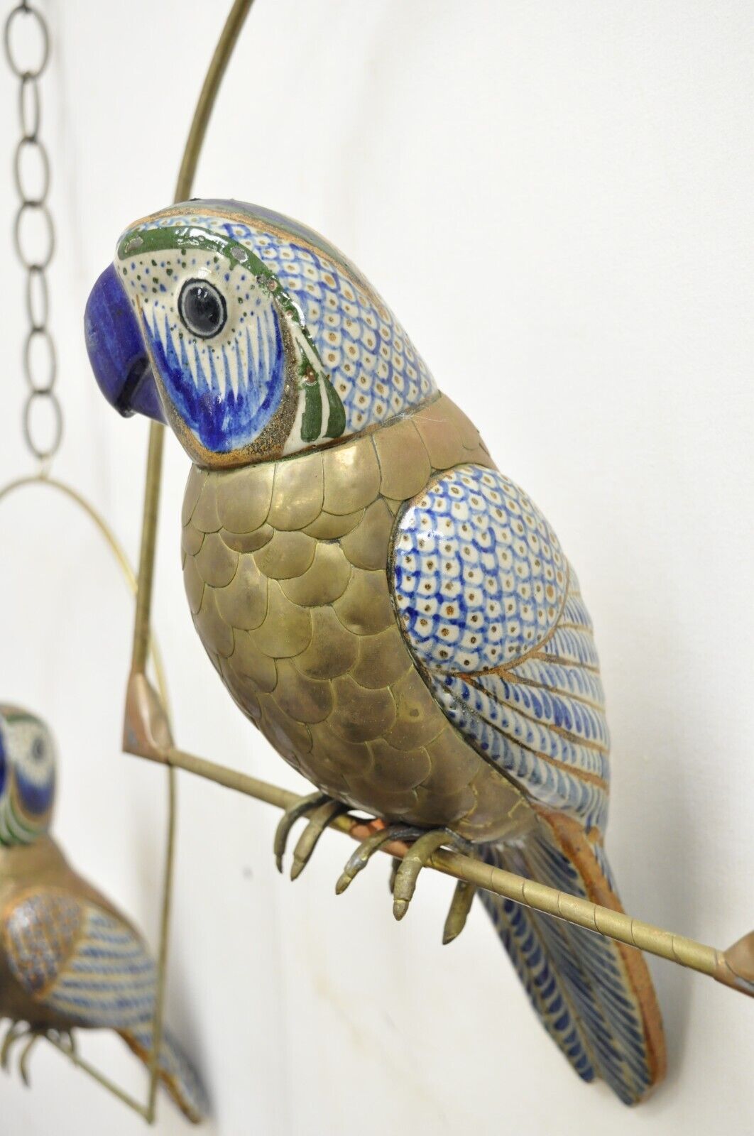 Vintage Sergio Bustamante Brass and Ceramic Perched Parrot Sculpture - a Pair