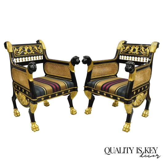 Egyptian Revival Regency Black Ebonized Gold Gilt Lion Head Throne Chairs - Pair