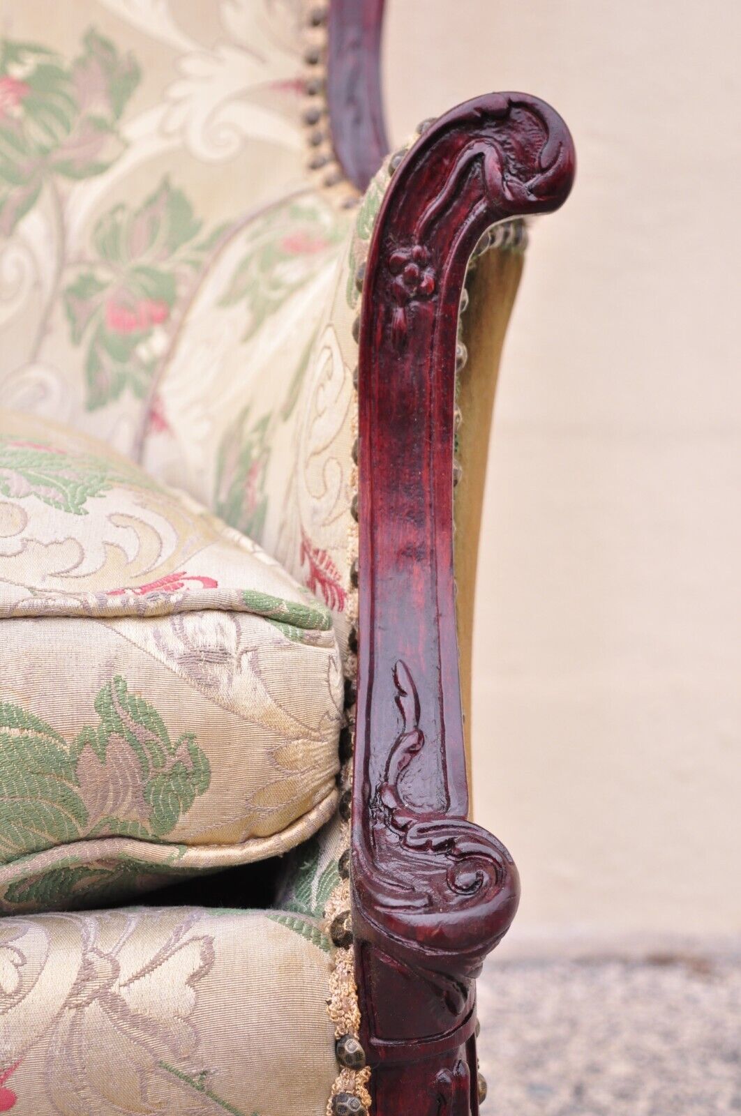 Antique French Hollywood Regency Carved Mahogany Fireside Wingback Arm Chair