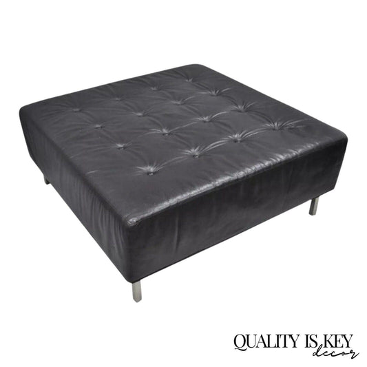 Thayer Coggin Modern Barcelona Style Black Tufted Leather 40" Square Ottoman