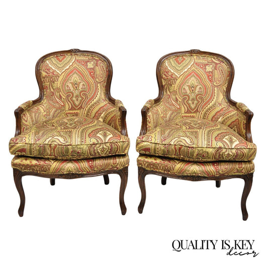 Vintage French Country Carved Walnut Burgundy Bergere Lounge Arm Chairs -a Pair