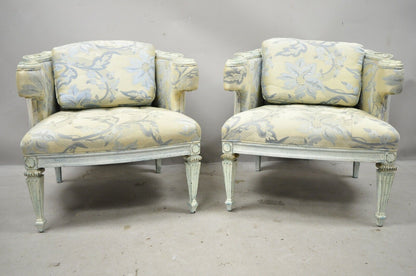 Vintage French Provincial Louis XVI Blue & Cream Painted Club Chairs - a Pair