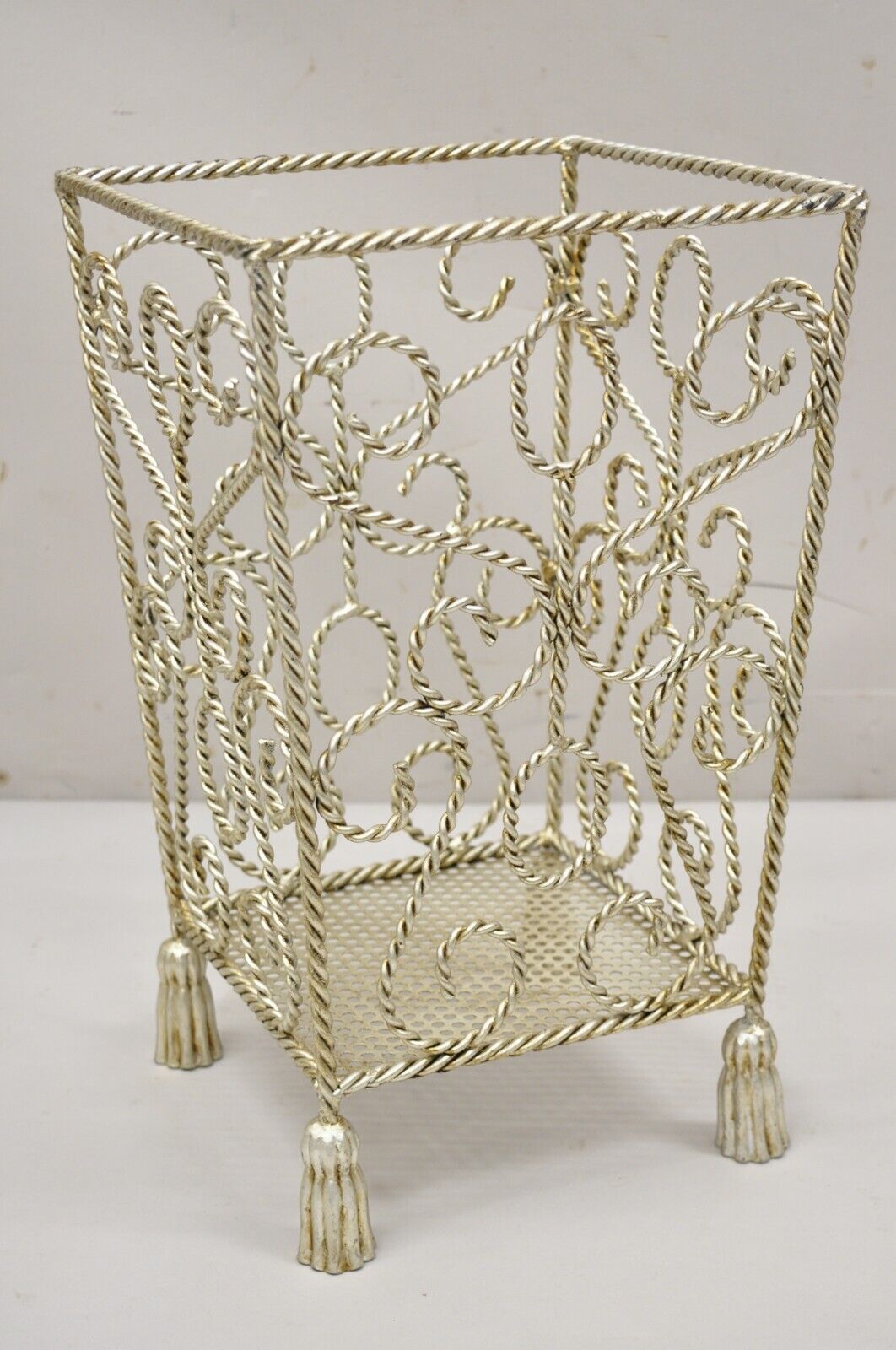 Italian Hollywood Regency Silver Scrolling Iron Tassel Wastebasket Storage Decor