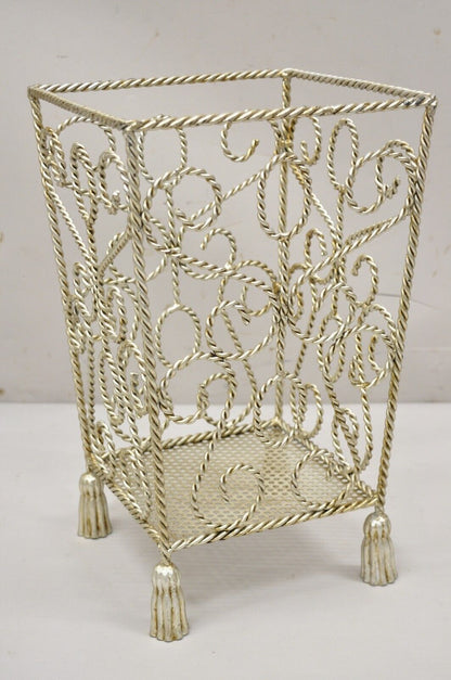 Italian Hollywood Regency Silver Scrolling Iron Tassel Wastebasket Storage Decor