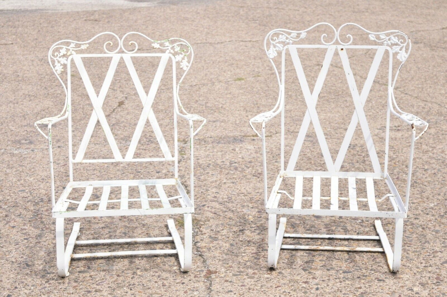 Antique Woodard Orleans Pattern Wrought Iron Patio Bouncer Lounge Chair - a Pair