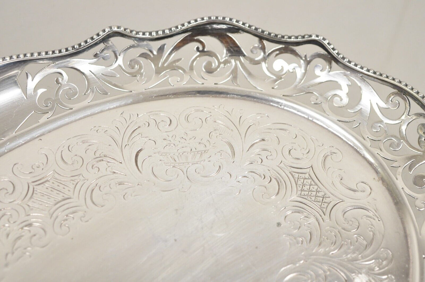 Antique Victorian Silver Plated Reticulated Scroll Gallery Small Oval Tray