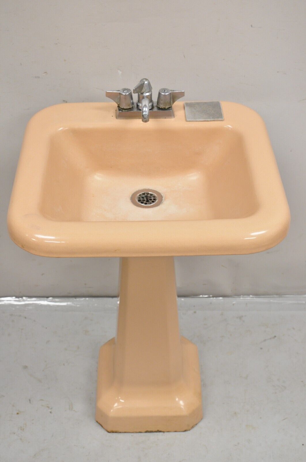 Vintage Mid Century Porcelain Enamel Salmon  Pink Bathroom Pedestal Sink