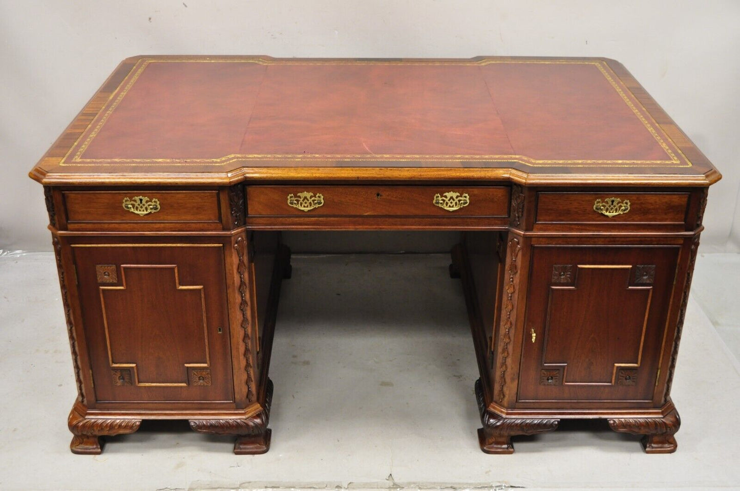 Vintage Chippendale Style Double Sided Leather Top Executive Partners Desk