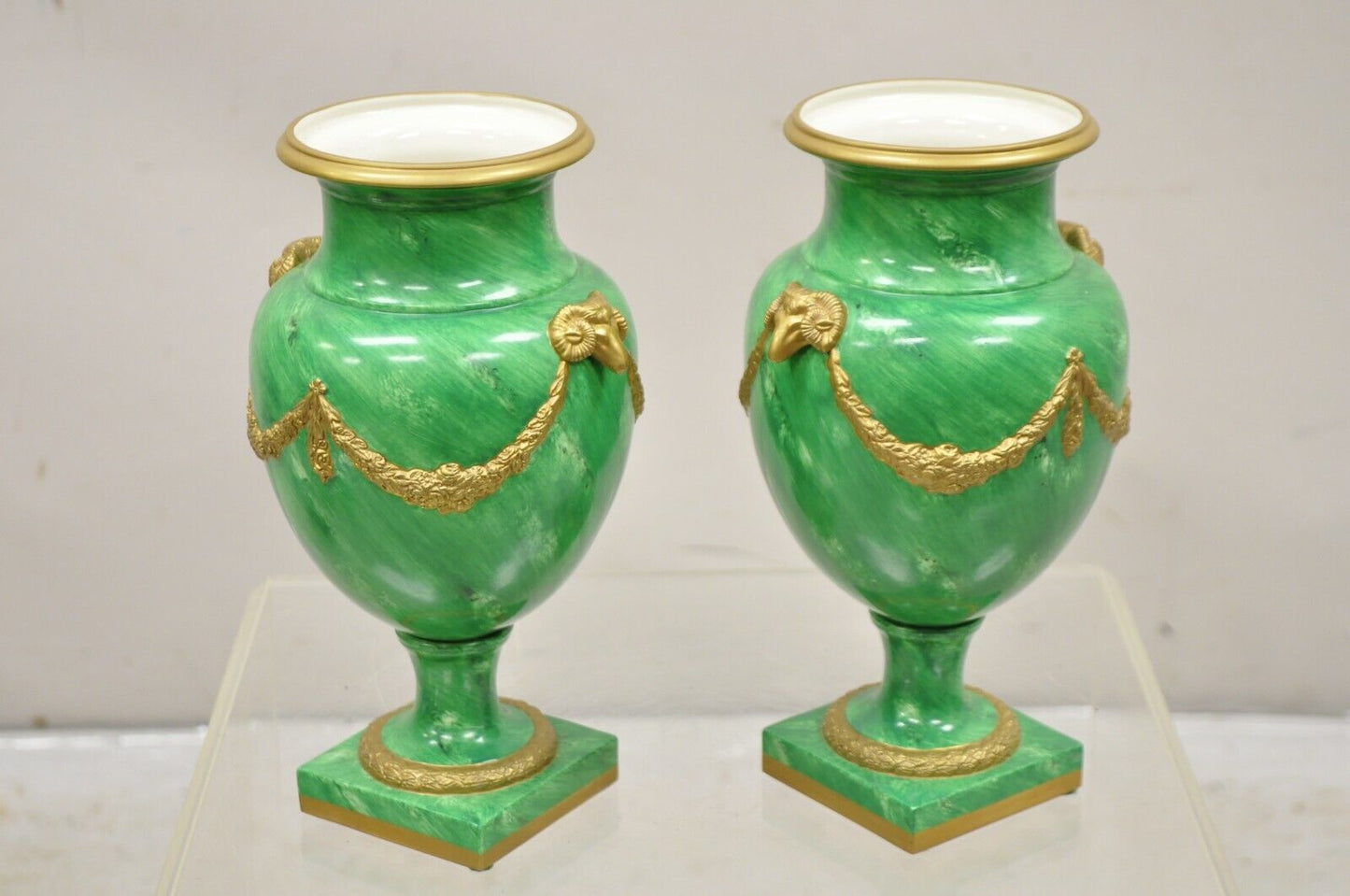 Chelsea House Italian Regency Ram Green Malachite Painted Porcelain Urn - a Pair