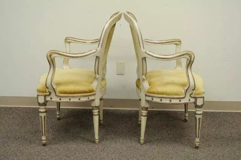 Antique Italian Venetian Cream Distress Painted Carved Wood Arm Chairs - a Pair