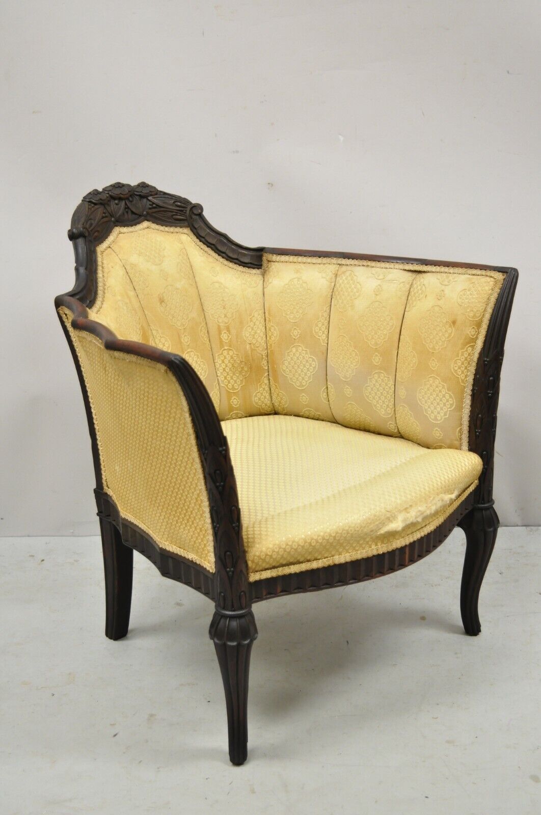 Antique French Art Deco Carved Walnut Wing Club Lounge Parlor Arm Chair