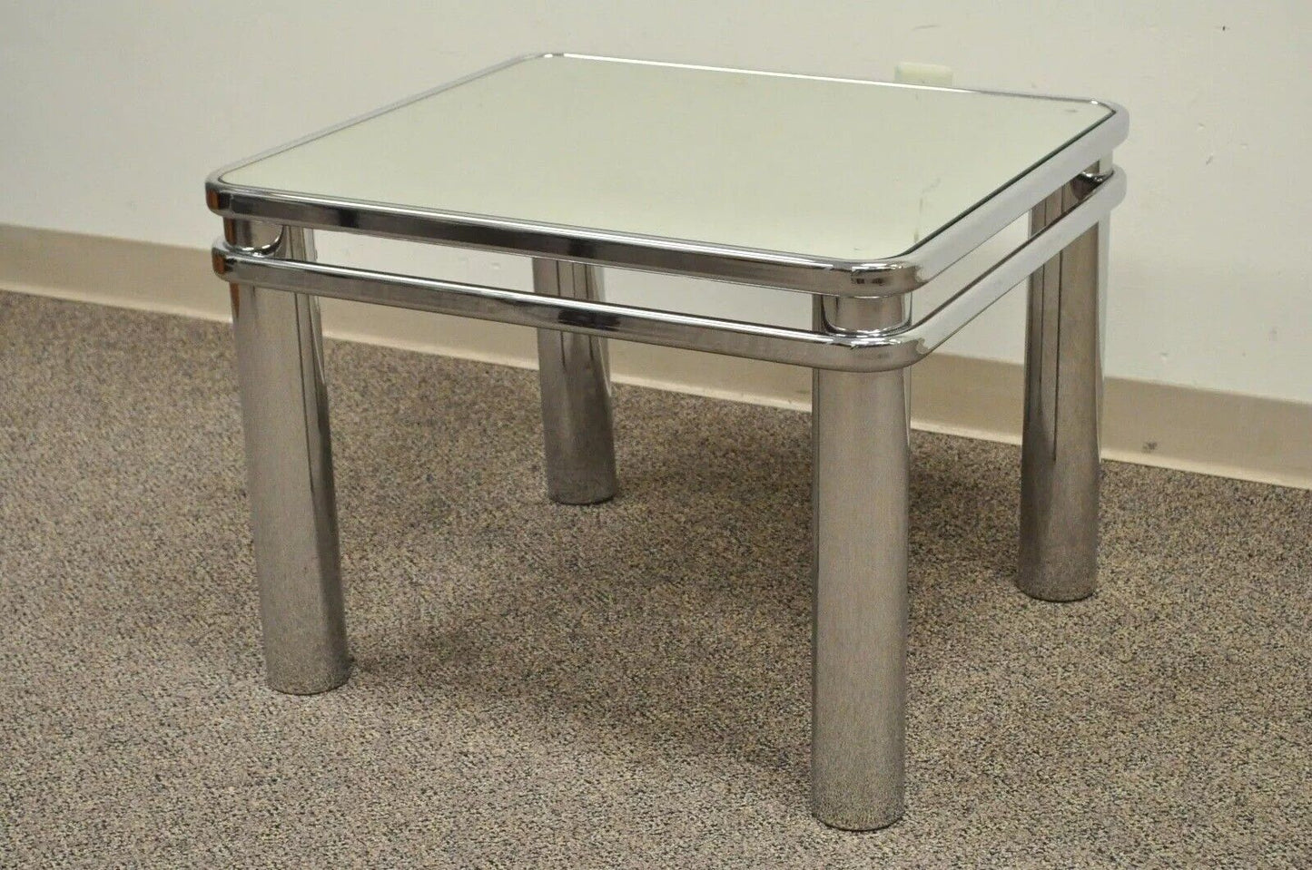 Mid Century Modern Baughman Style Tubular Chrome Glass Mirror Accent Side Table