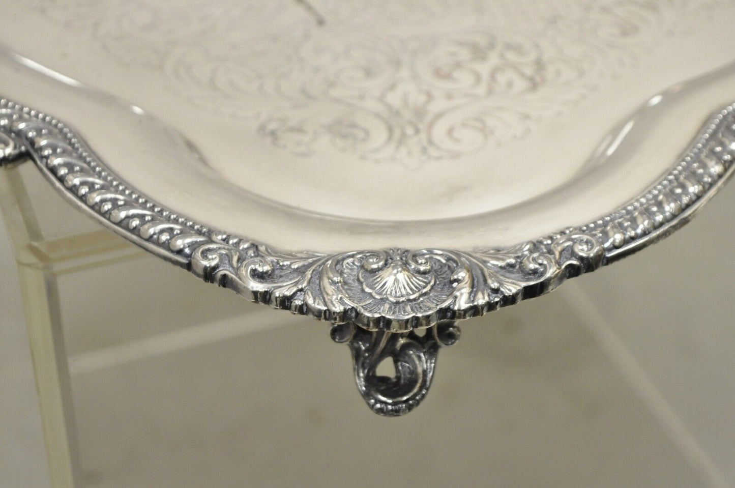 Antique English Victorian Large Silver Plated Scalloped Serving Platter Tray