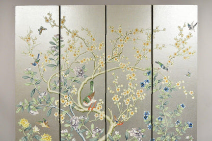 Vintage Chinoiserie Silver Leaf Birds Butterflies 4 Panel Screen Room Divider A