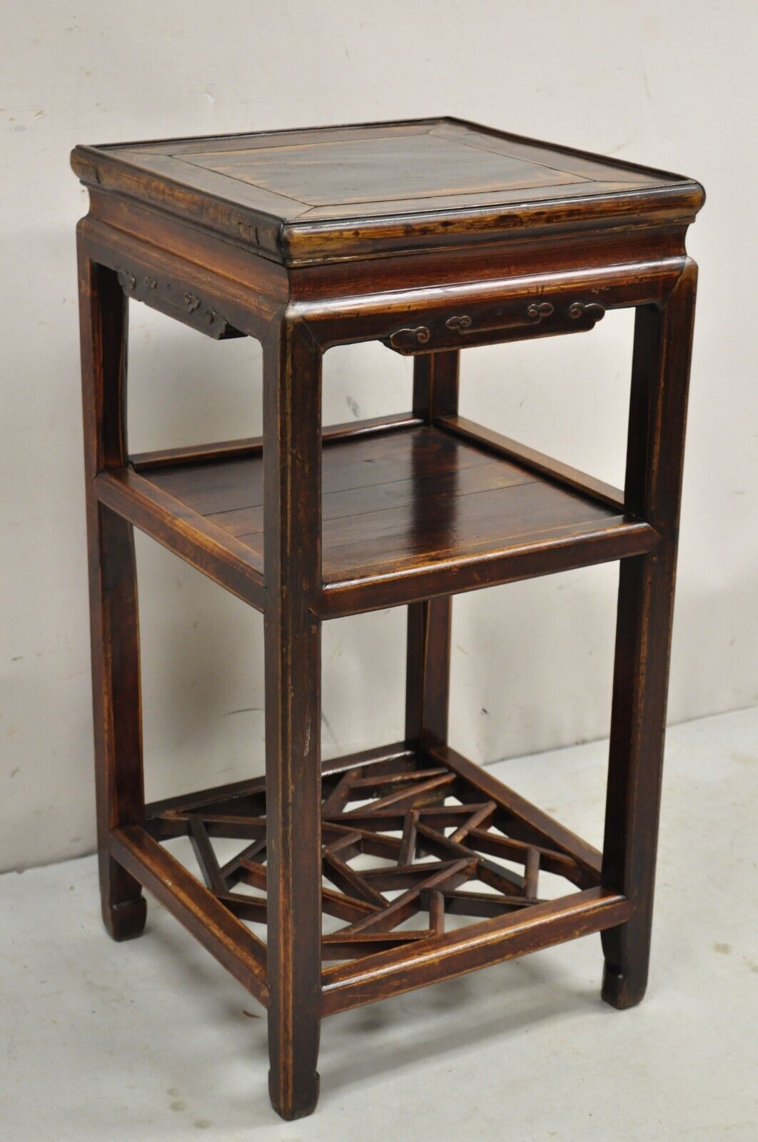 Vintage Chinese Carved Hardwood 3 Tier Fretwork Plant Stand Side Table