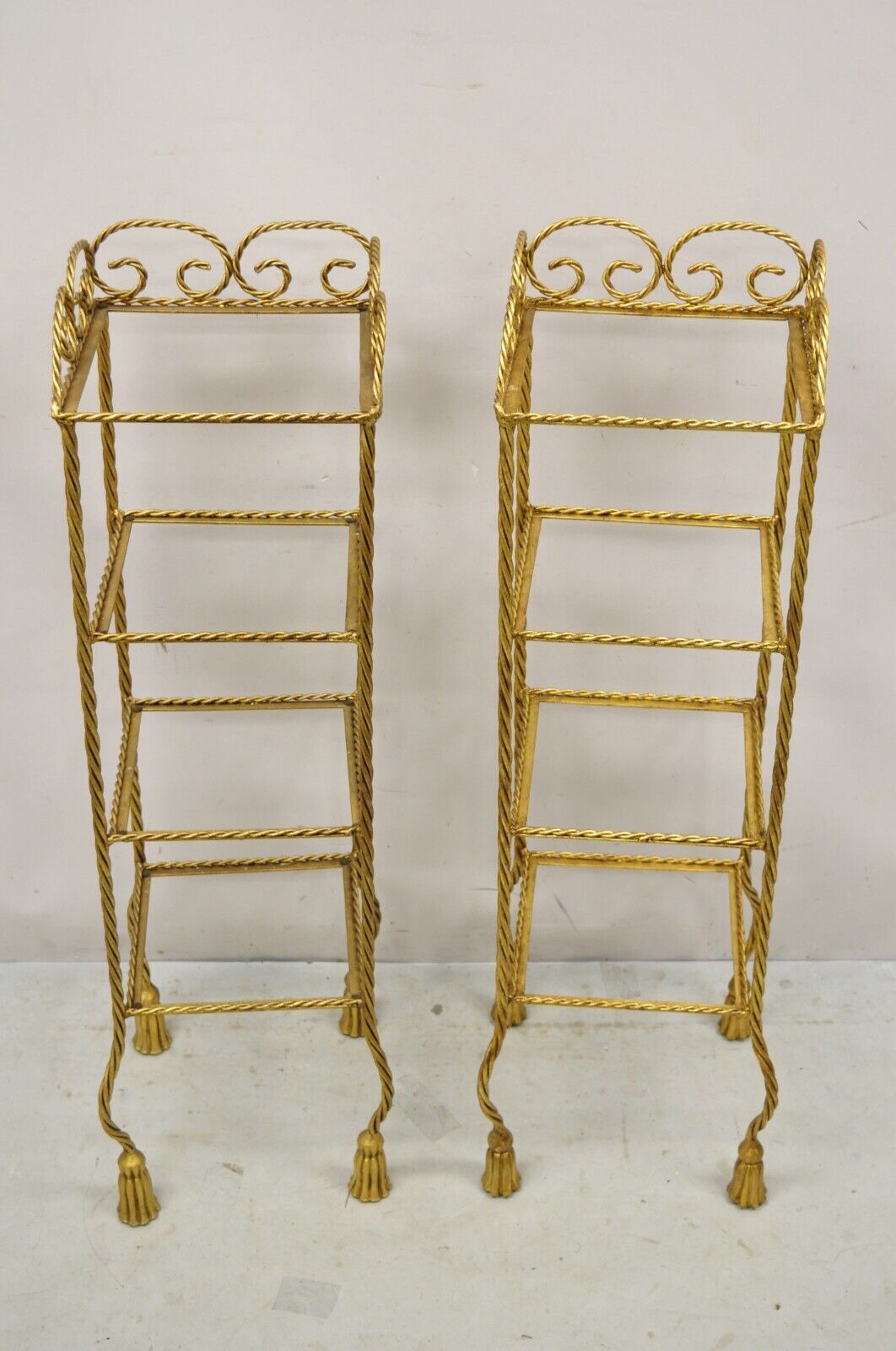 Italian Hollywood Regency Rope Tassel Gold 4 Tier Iron Display Rack Shelf - Pair