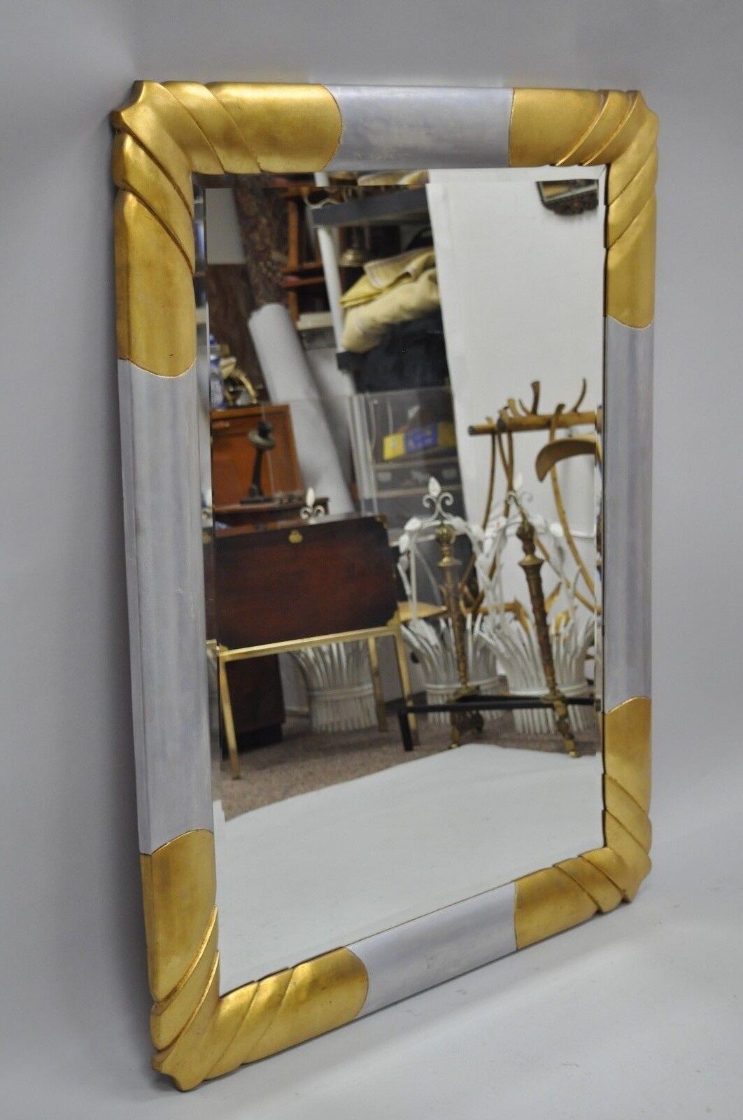 Turner Hollywood Regency Art Deco Style Gold Silver Leaf Rectangular Wall Mirror