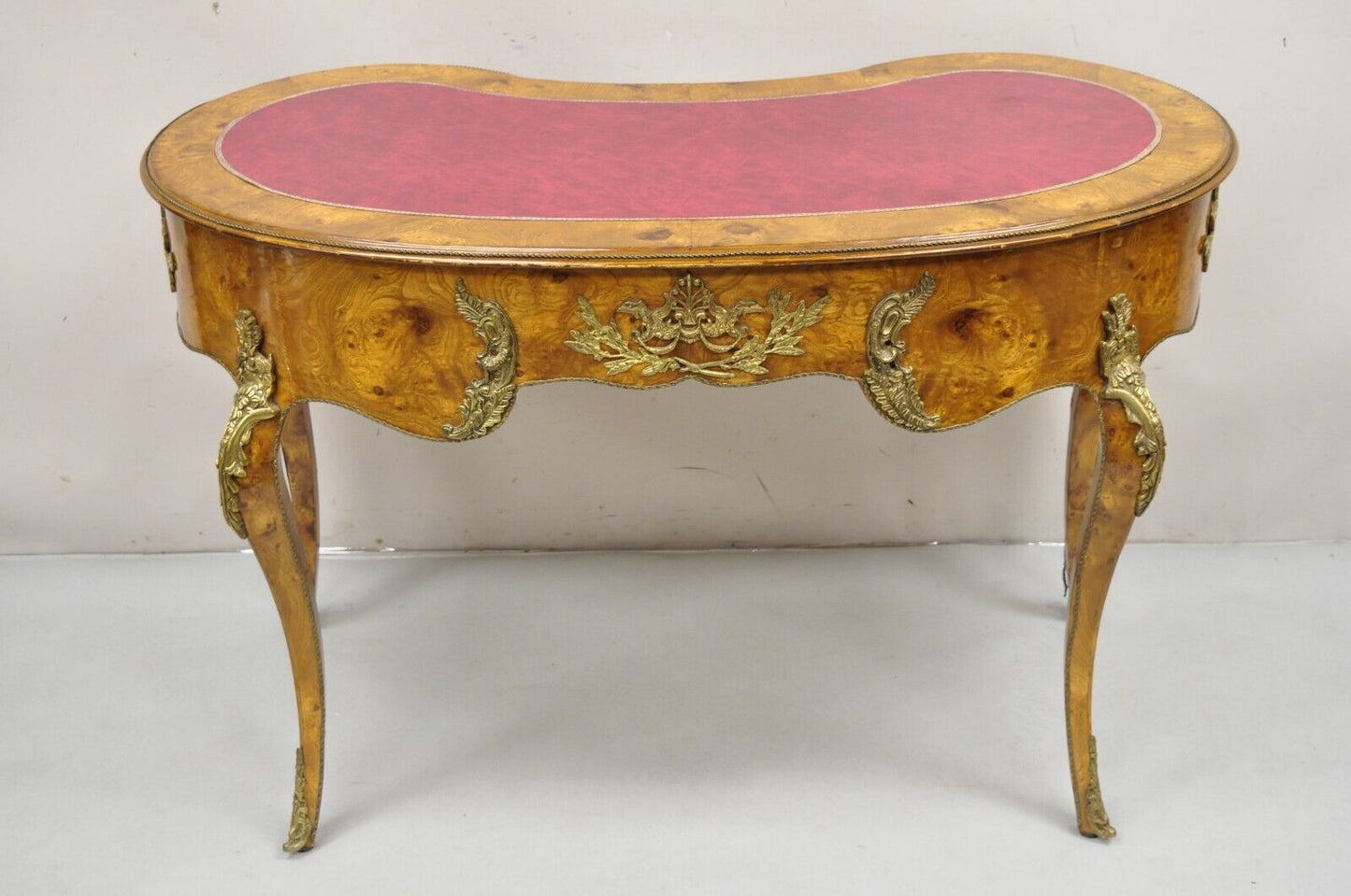 French Louis XV Style Kidney Shaped Leather Top Bronze Mounted 3 Drawer Desk