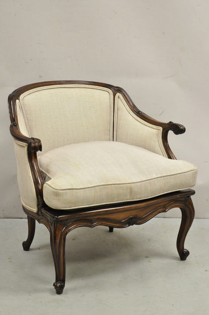 Vintage French Country Louis XV Style Carved Walnut Low Bergere Lounge Chair