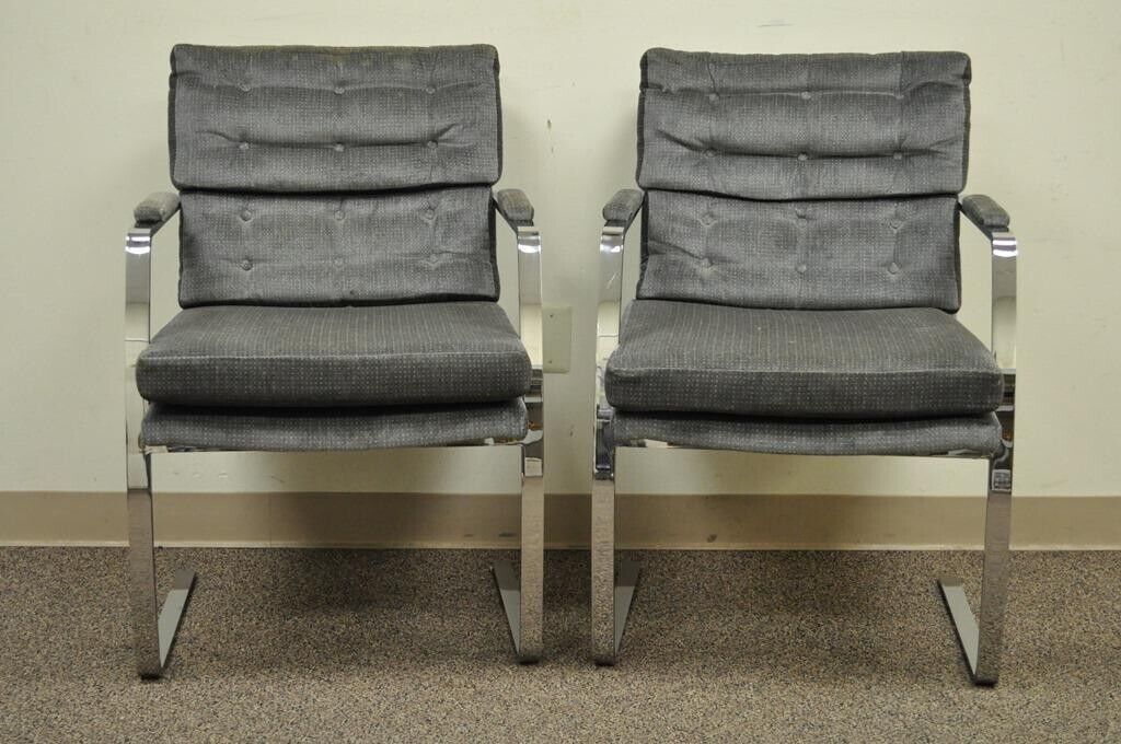 Mid Century Modern Milo Baughman Style Chrome Steel Cantilever Arm Chairs - Pair