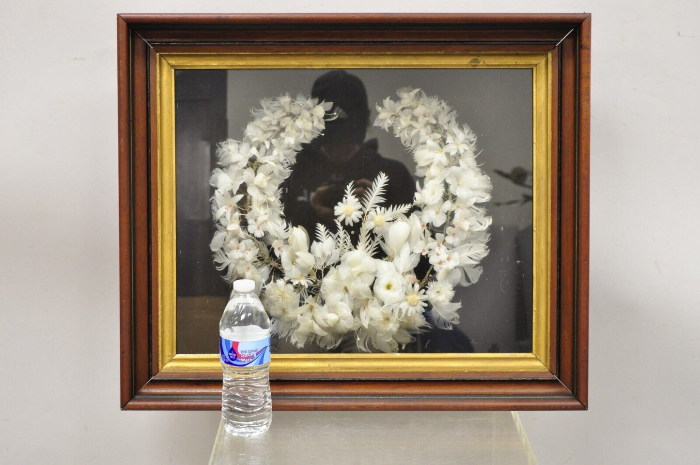 Antique Victorian White Feather Flower Mourning Wreath Mahogany Shadow Box Frame