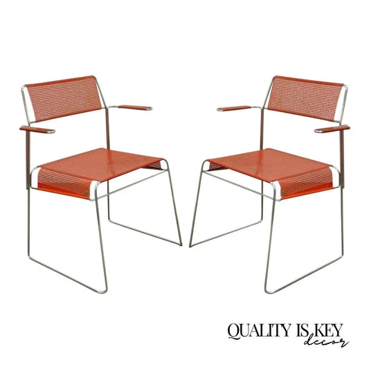 Vintage Tomado Mid Century Modern Stacking Chrome Metal Mesh Red Chairs B - Pair