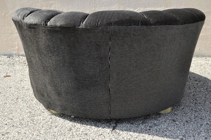 Large Milo Baughman Style Round Black Club Lounge Chair Brass Trim Feet - Single