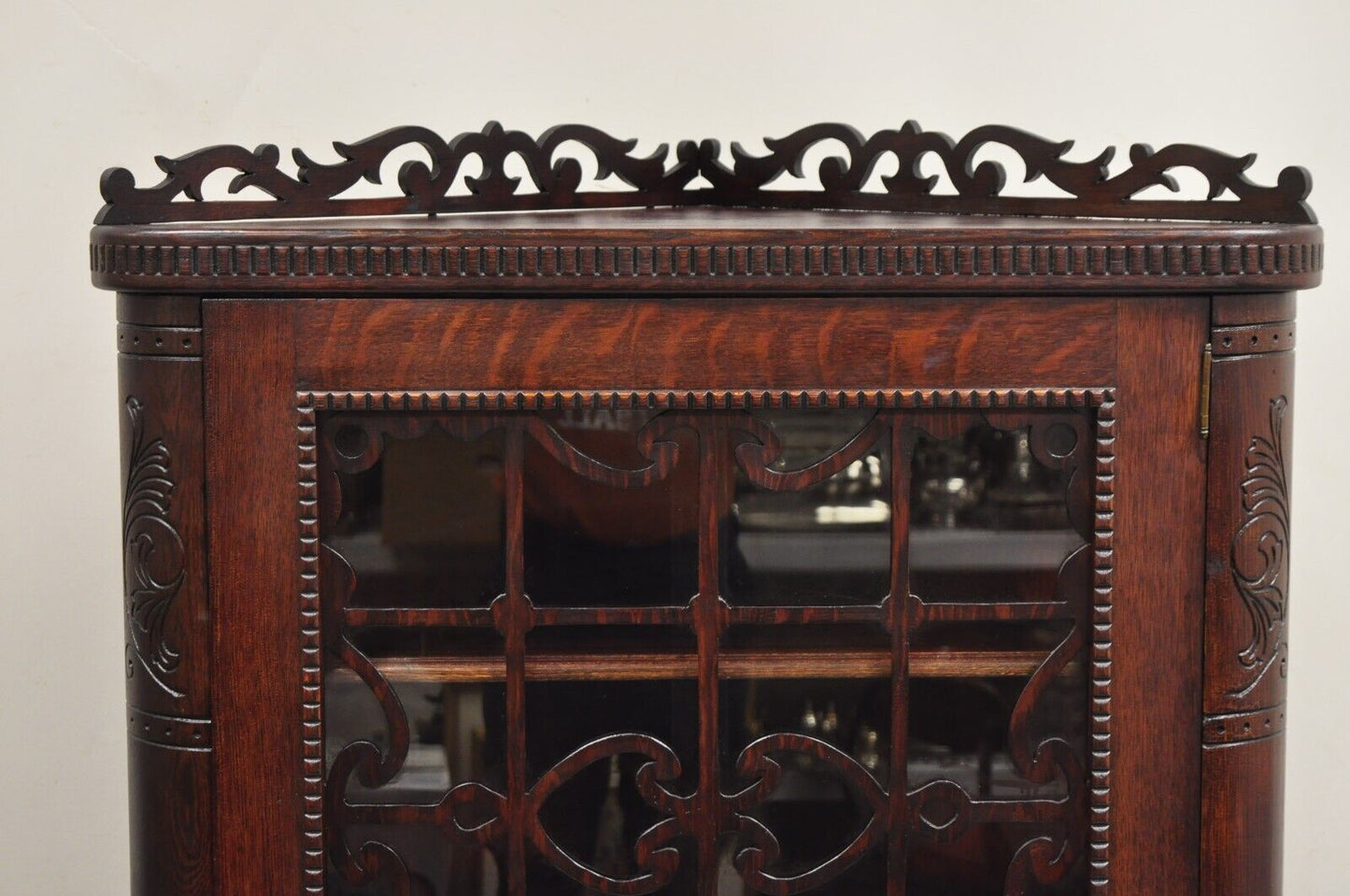 Antique Arts & Craft Oak Wood Glass One Door Fretwork Corner China Cabinet Curio