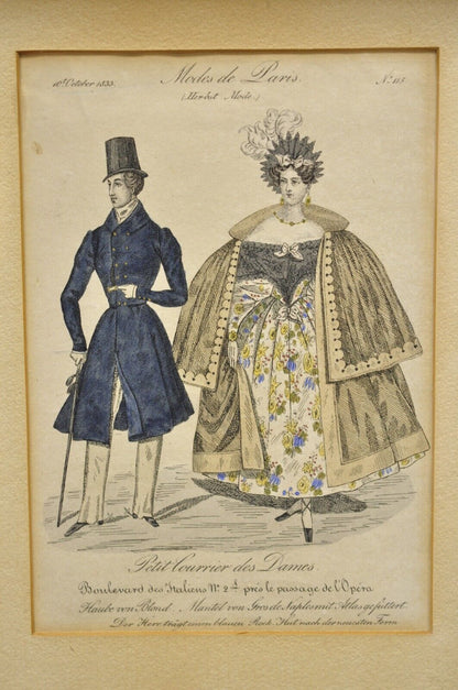 French 1830s Victorian Lithograph Print Couple Fashion Gown in Frames - a Pair