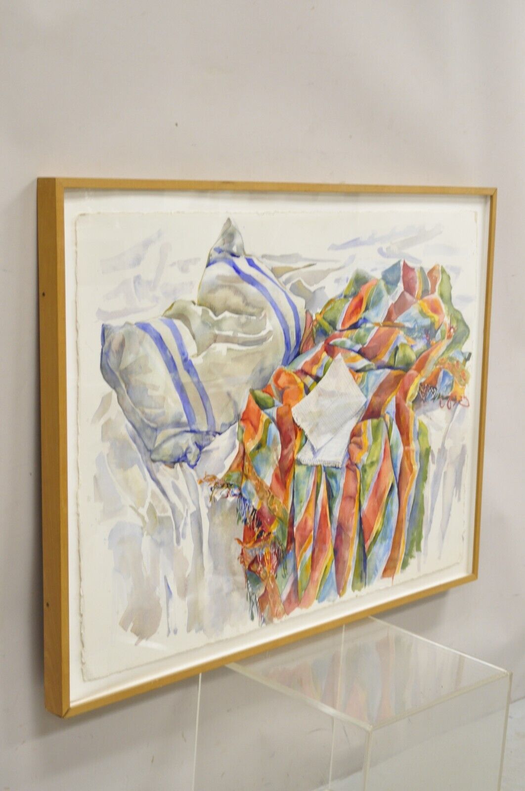 1980s Polly Kraft "Quilt and Pillow" Still Life Watercolor on Paper, Framed