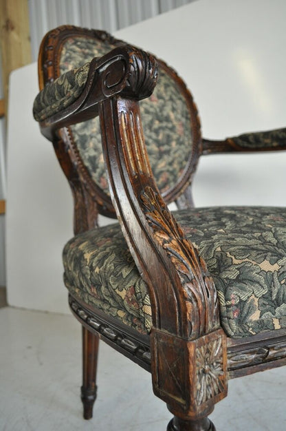 Vintage French Louis XVI Style Carved Walnut Fireside Arm Chair Fauteuil