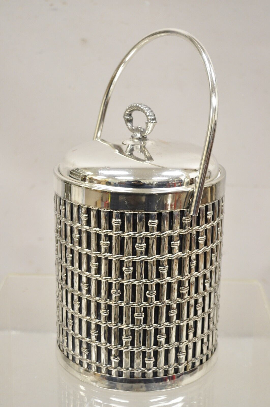 Vintage Hollywood Regency Faux Bamboo Silver Plated Lidded Ice Bucket