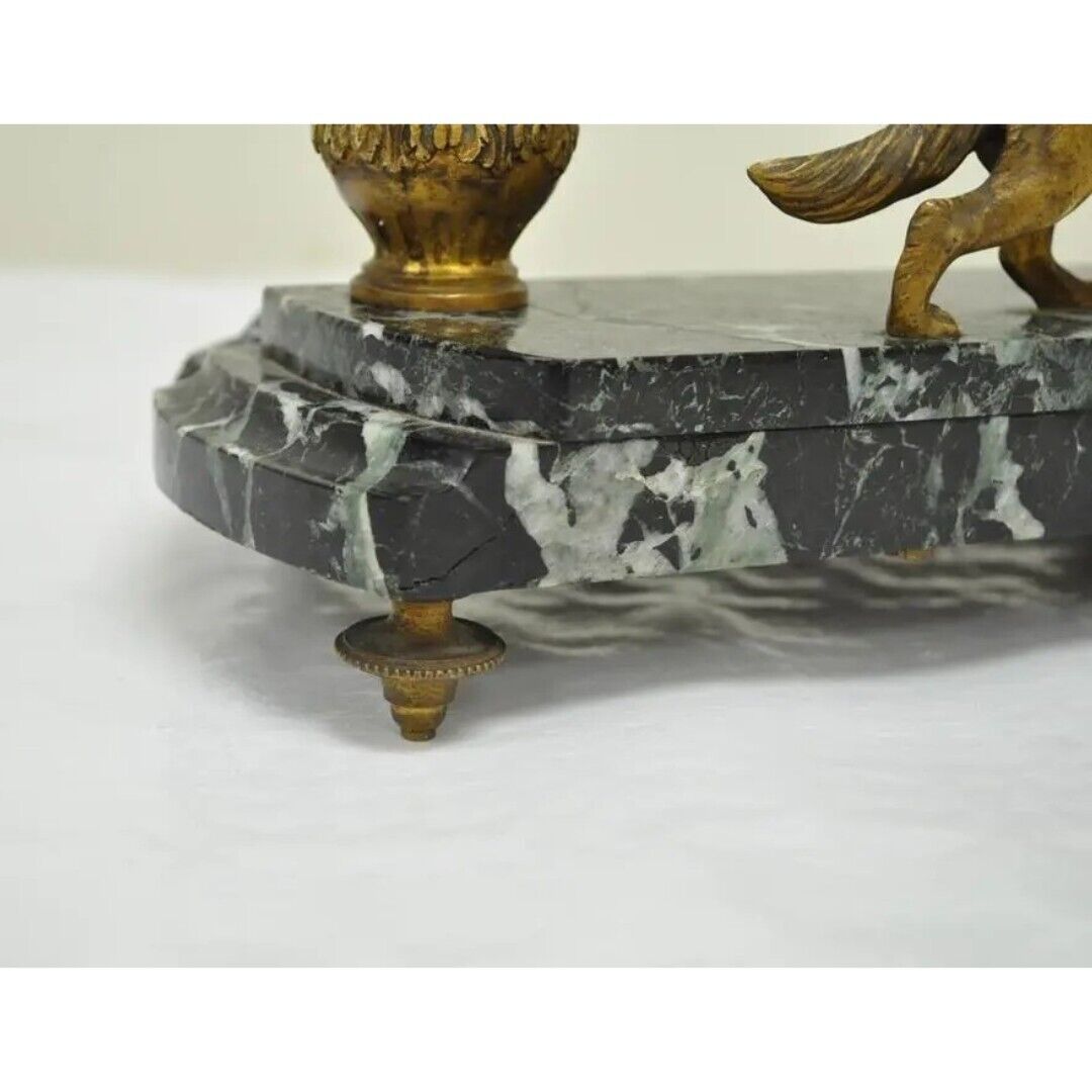 Antique French Empire Figural Bronze & Marble Hunting Dog Desk Double Inkwell