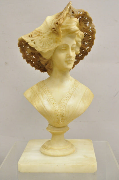 Antique Victorian Carved Italian Alabaster Woman Bust Statue att Adolfo Cipriani